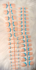 PRE-MADE** SHORT SQUARED NUDE W/ TURQUOISE  BLUE  FRENCH TIP NAILS W/ MATCHING TOE NAILS