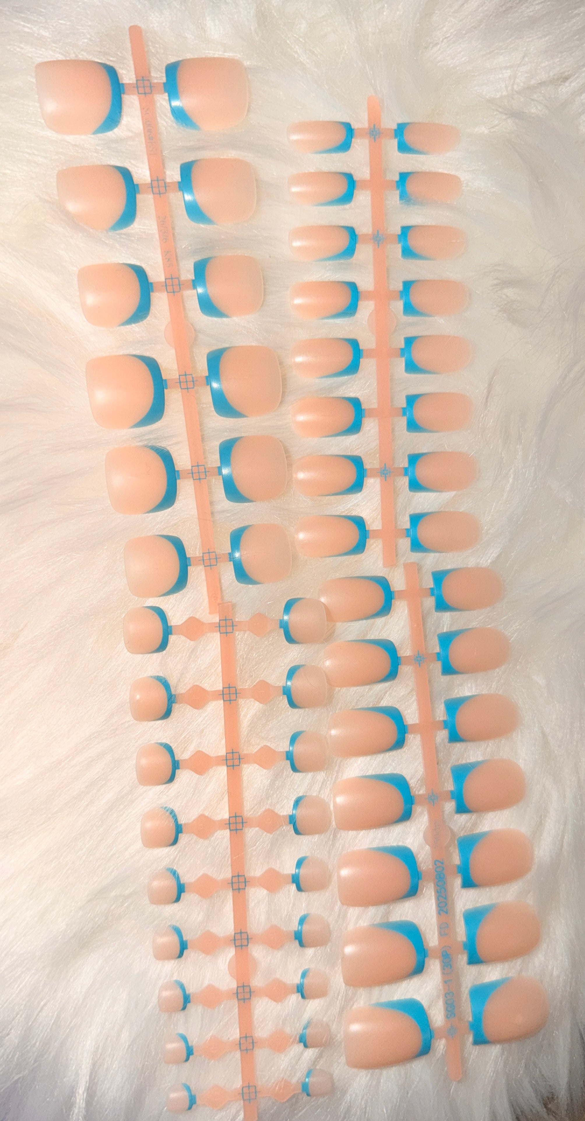 PRE-MADE** SHORT SQUARED NUDE W/ TURQUOISE  BLUE  FRENCH TIP NAILS W/ MATCHING TOE NAILS